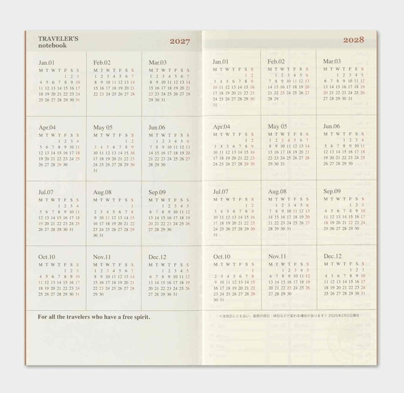 Travelers Notebook Diary 2027 WEEKLY and MEMO, Regular size