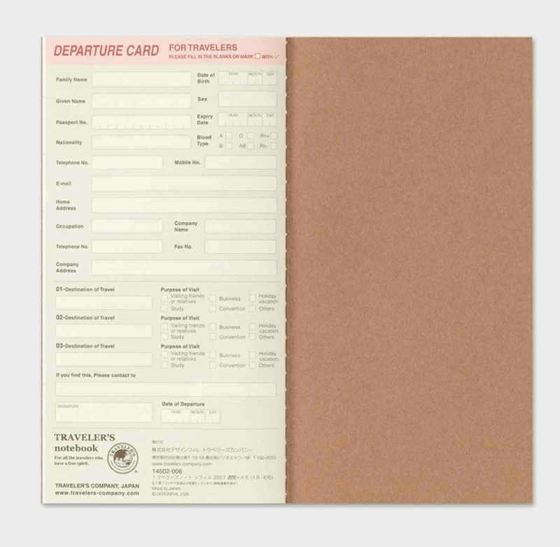 Travelers Notebook Diary 2027 WEEKLY and MEMO, Regular size
